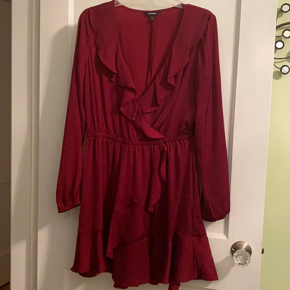 Express NWOT cranberry wrap front ruffle dress